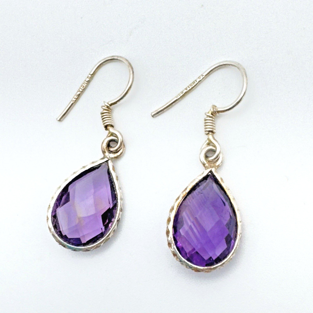 Sterling Silver Amethyst Teardrop Dangle Earrings Faceted February Birthstone 1"